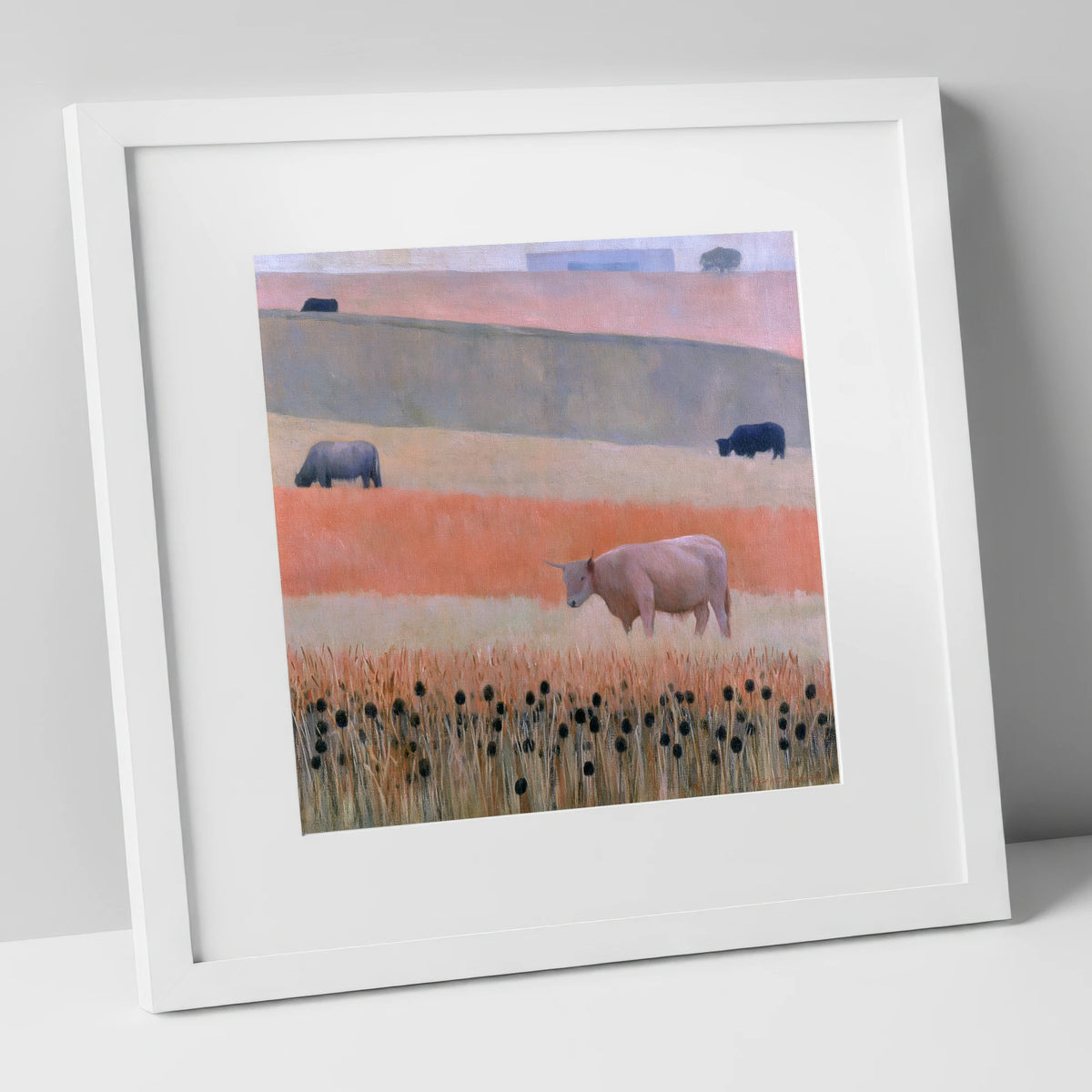 Highland Cattle in Pastel Fells lake district wildlife art print in white frame
