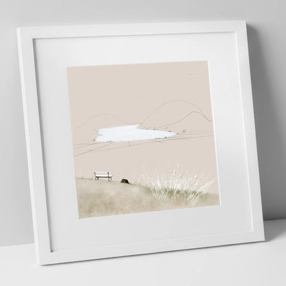 Loweswater Bench in Neutral Tones lake district lake art print in white frame