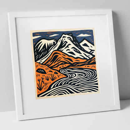 Bowfell in Navy and Terracotta lake district fell art print in white frame