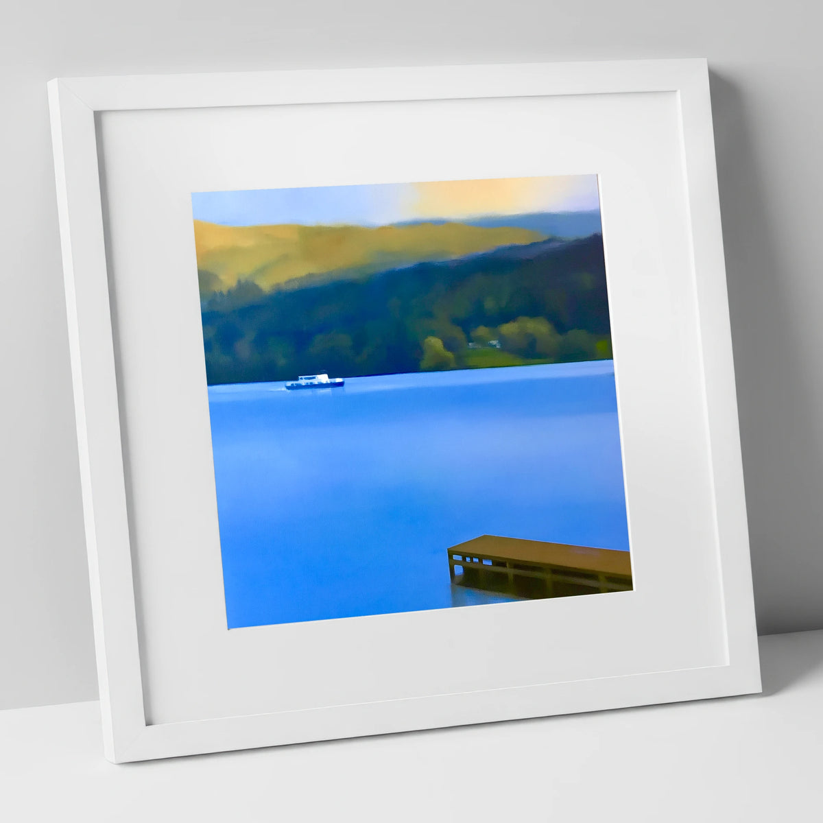 Jetty on Blue Coniston Water lake district lake art print in white frame