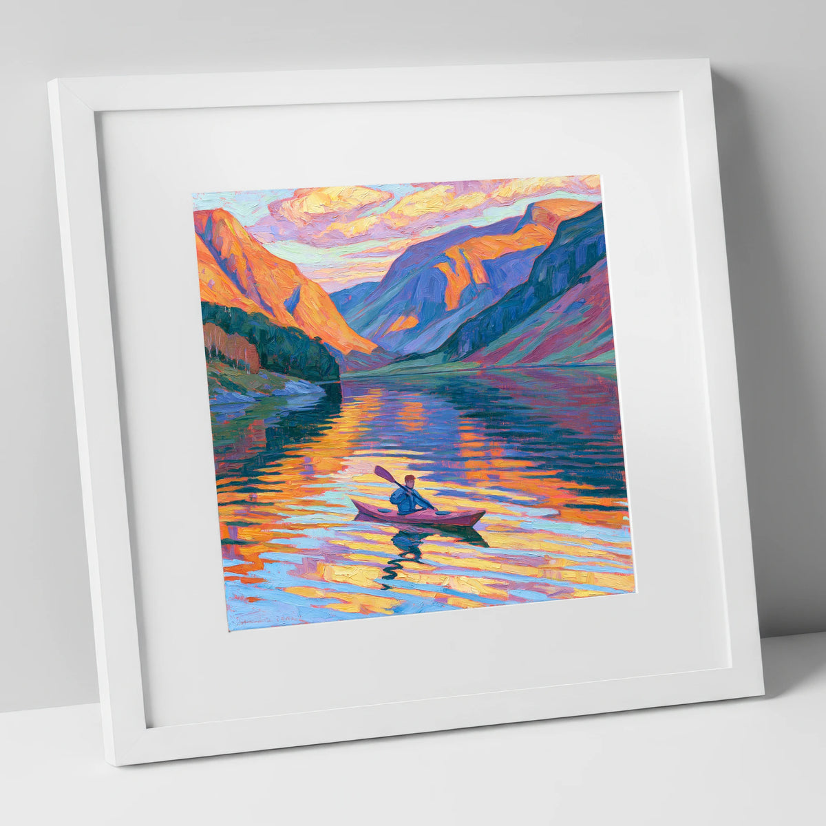 Vibrant Sunset Kayak on the Lake lake district walking art print in white frame