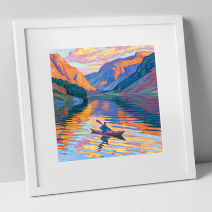 Vibrant Sunset Kayak on the Lake lake district walking art print in white frame