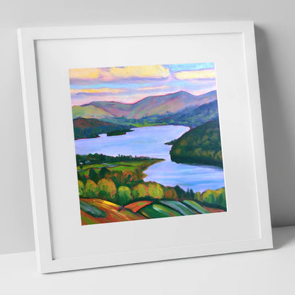 Vibrant Sunset Above Ambleside lake district village art print in white frame