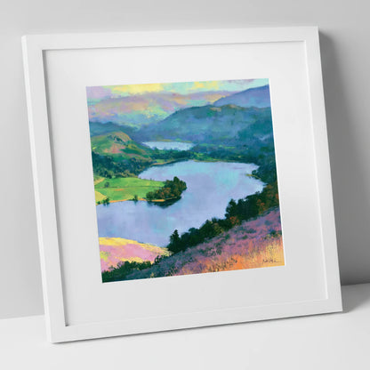 Grasmere Above Purple Bracken lake district lake art print in white frame