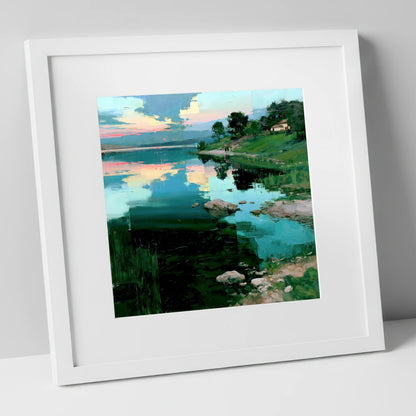 Pink Dawn Over Turquoise Lake lake district lake art print in white frame