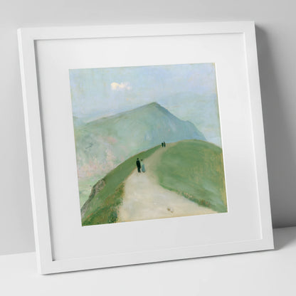 Walkers on a Mountain Ridge lake district walking art print in white frame