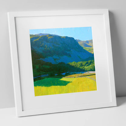 Arnison Crag Over Sunlit Fields lake district fell art print in white frame