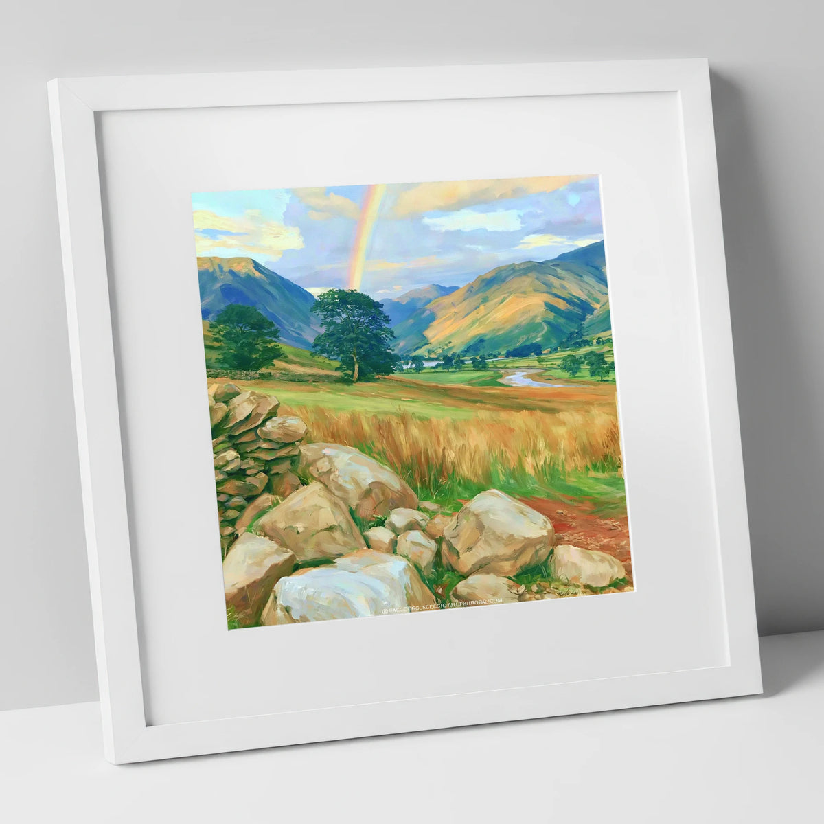 Rainbow Over a Sunlit Valley lake district sky art print in white frame