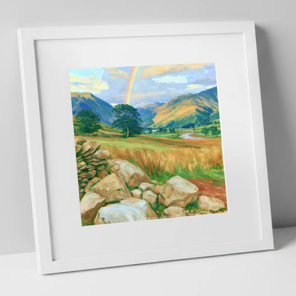 Rainbow Over a Sunlit Valley lake district sky art print in white frame