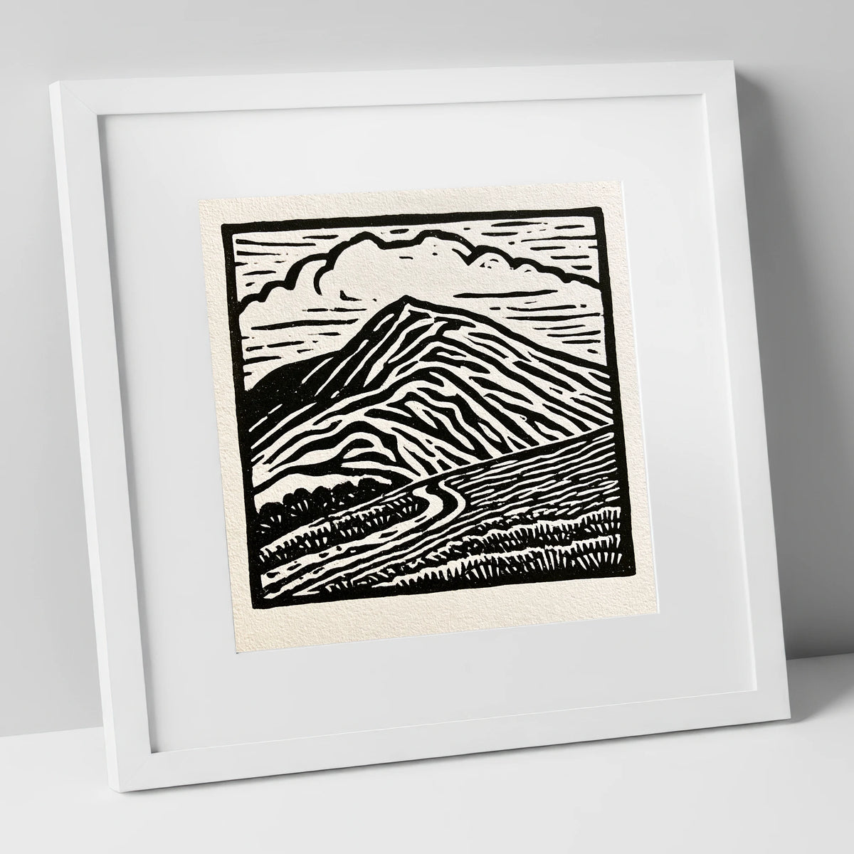 Black and White Blencathra Fell lake district fell art print in white frame