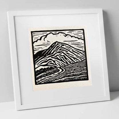 Black and White Blencathra Fell lake district fell art print in white frame
