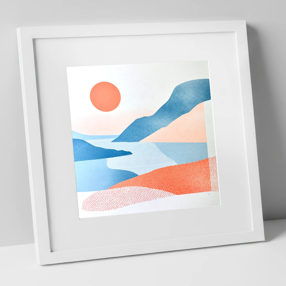Ennerdale Valley in Coral and Blue lake district valley art print in white frame