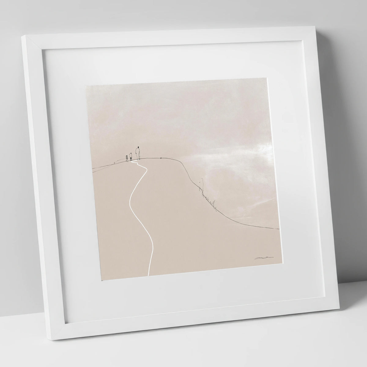 Walkers on a Winding Fell Path lake district walking art print in white frame