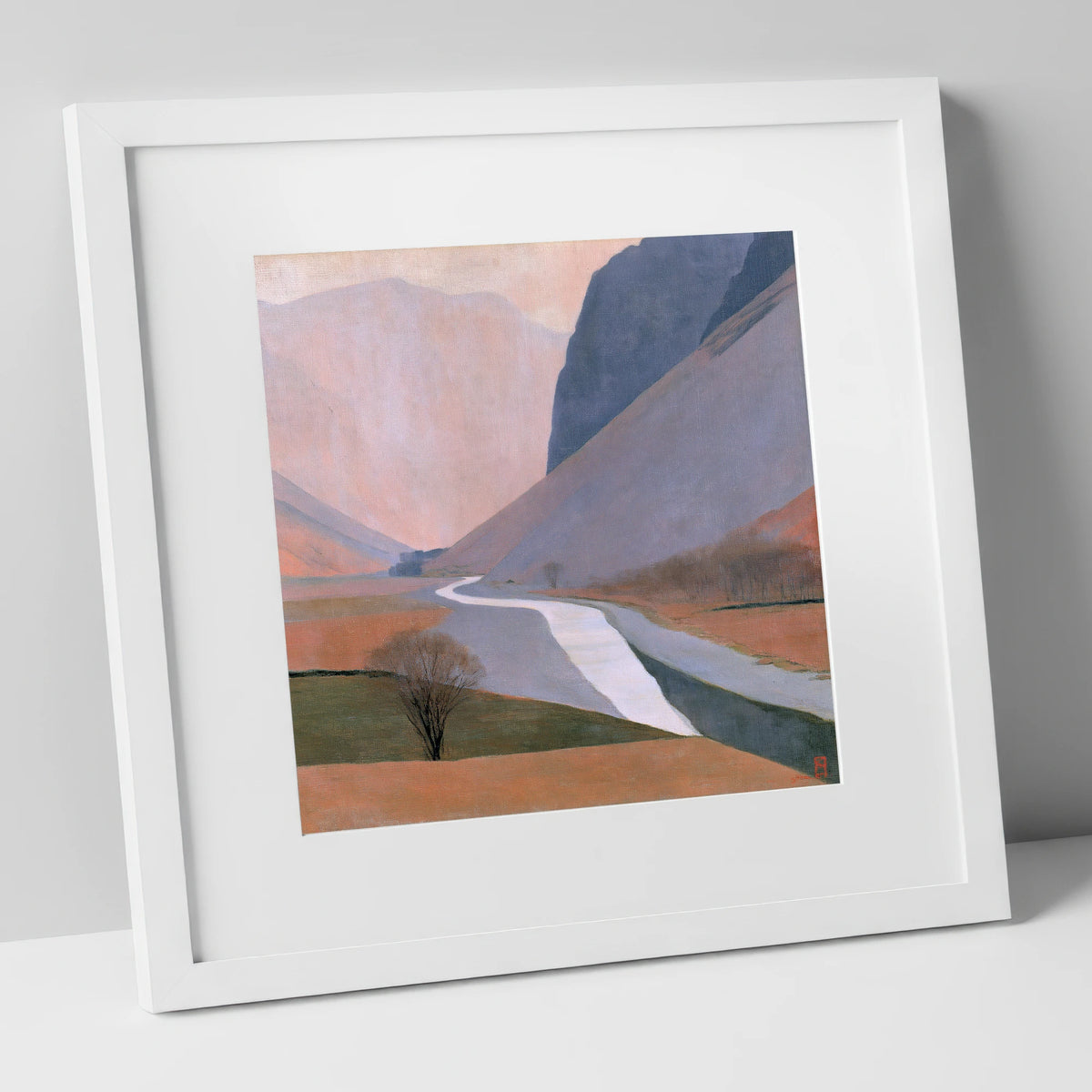 Winding River Beneath Slate Fells lake district waterfall art print in white frame