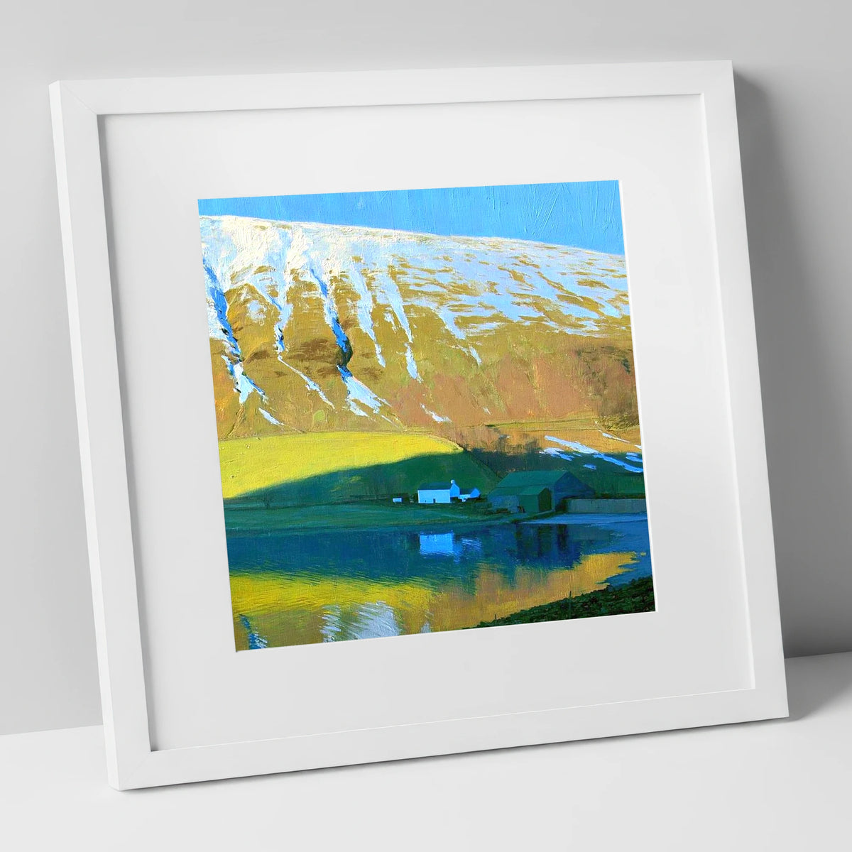 Sunlight On High Tove Snow Gullies lake district fell art print in white frame