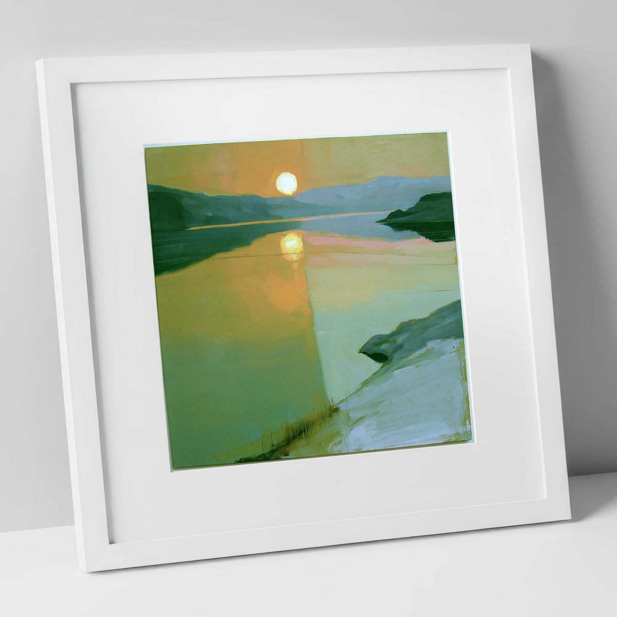 Lake Sunset in Sage Green lake district lake art print in white frame