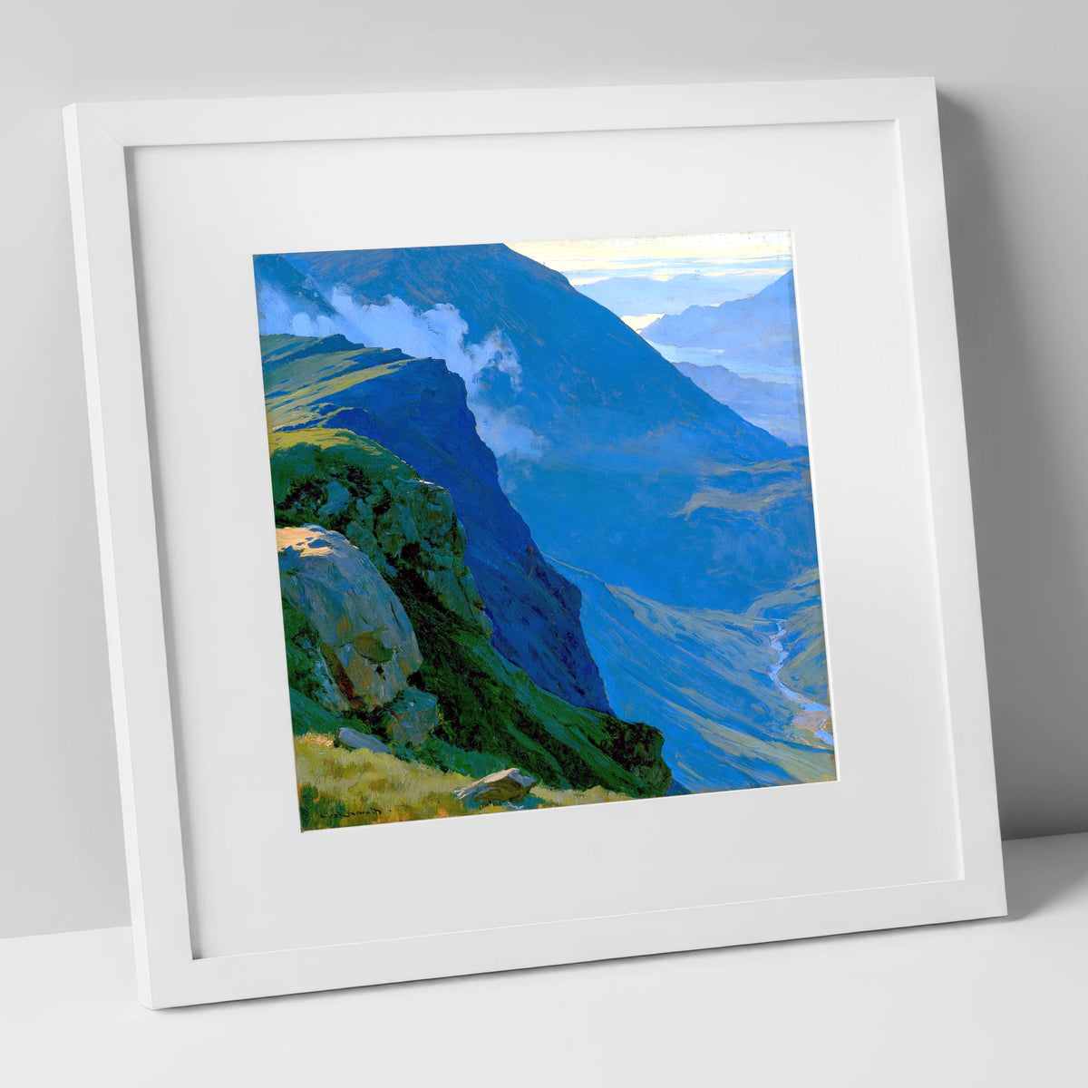 Misty Ridge Above Blue Valley lake district fell art print in white frame