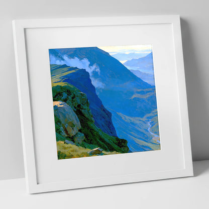 Misty Ridge Above Blue Valley lake district fell art print in white frame