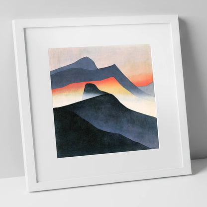 Mountain Ridge in Orange Mist lake district fell art print in white frame