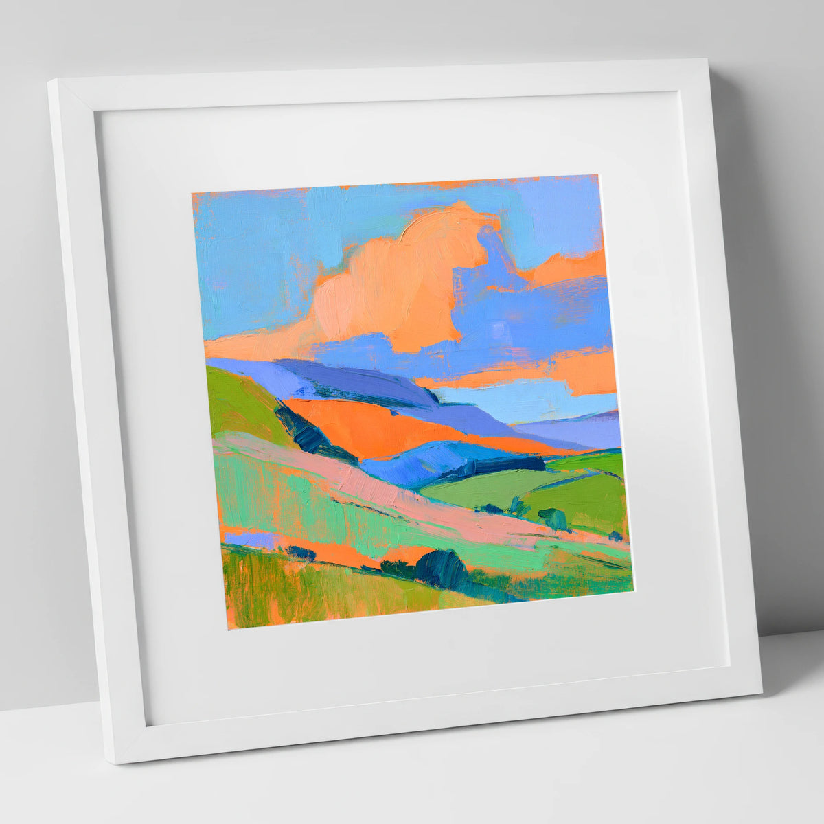 Orange Clouds Over Rolling Fells lake district fell art print in white frame