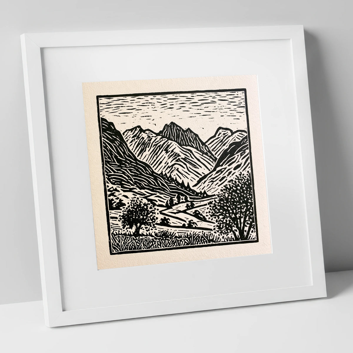 Eskdale Valley in Monochrome lake district valley art print in white frame