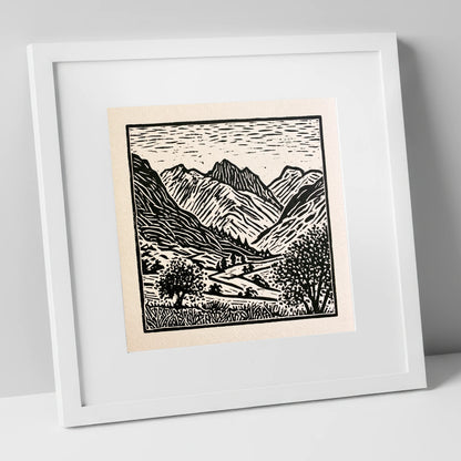 Eskdale Valley in Monochrome lake district valley art print in white frame