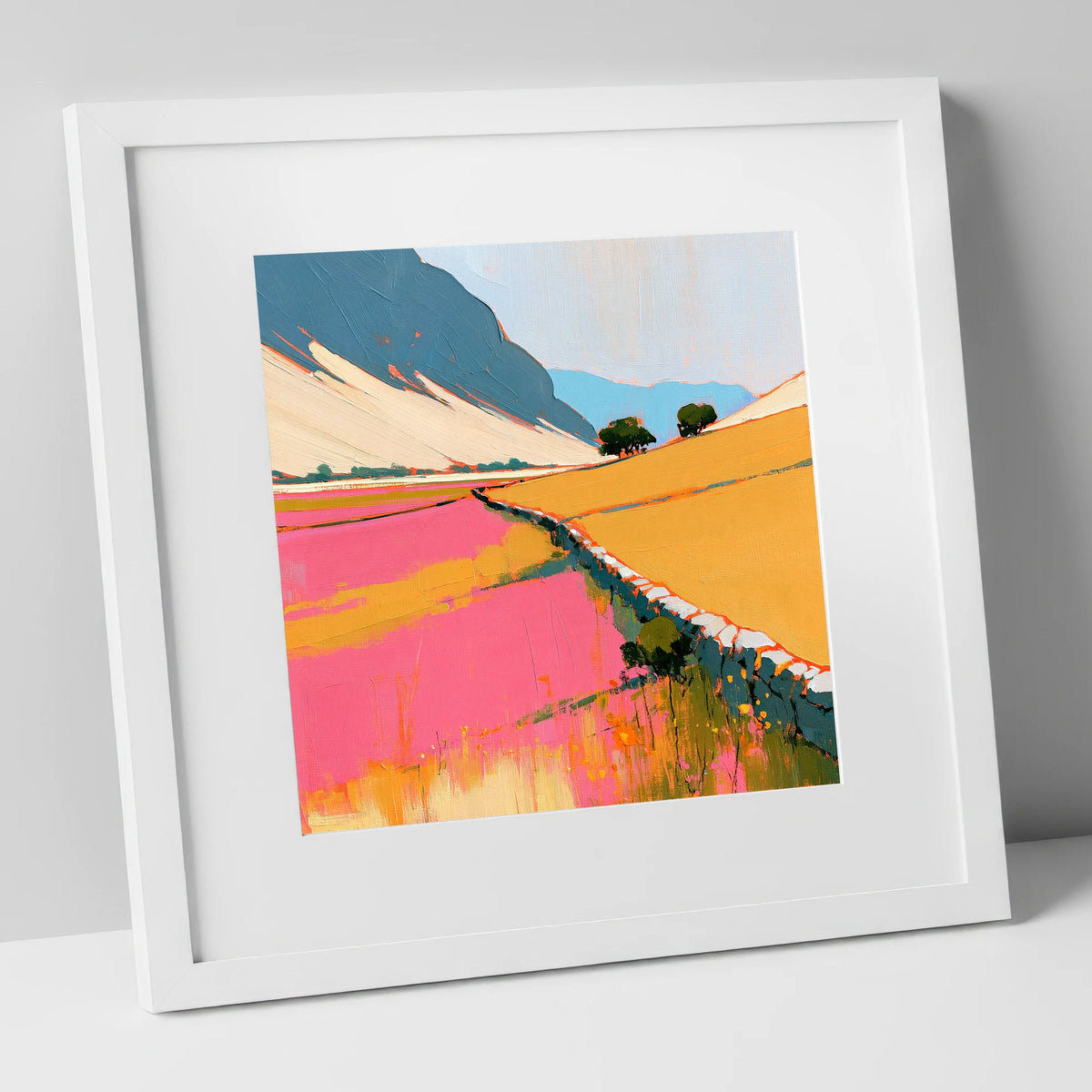 Bold Pink Valley Drystone Wall lake district valley art print in white frame