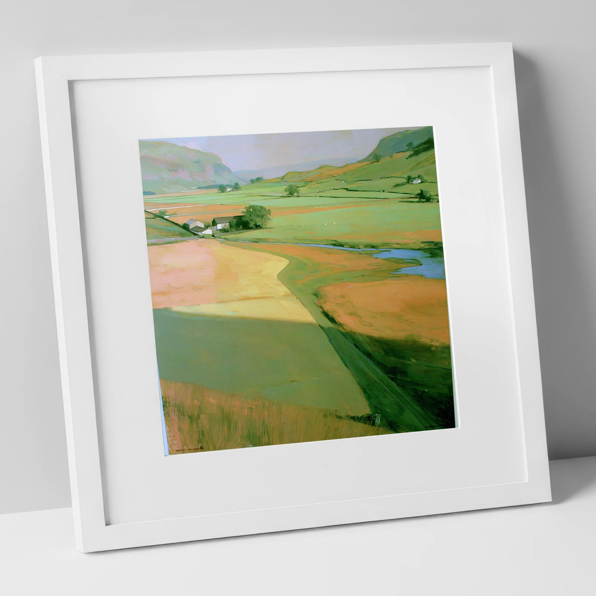 Green Valley Beneath The Fells lake district valley art print in white frame