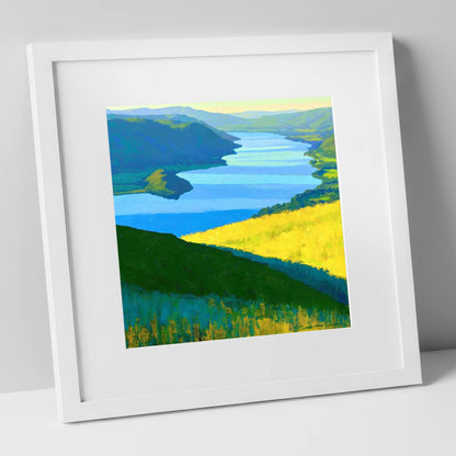Bold Yellow Fells Above Ullswater lake district lake art print in white frame