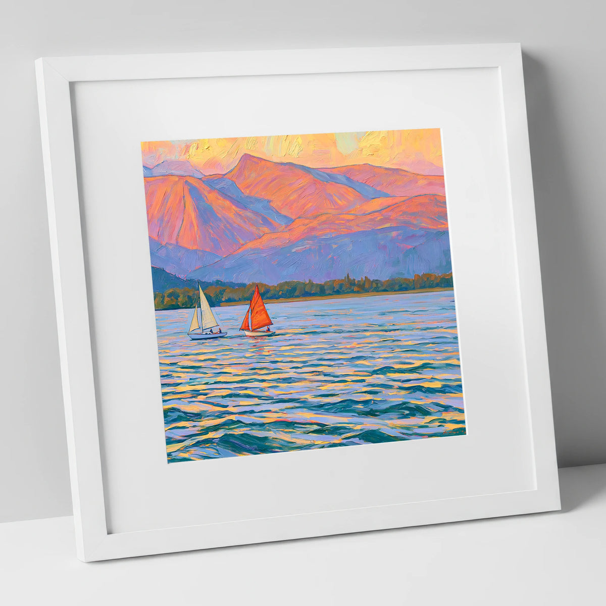 Sailing Windermere Under Purple Fells lake district lake art print in white frame