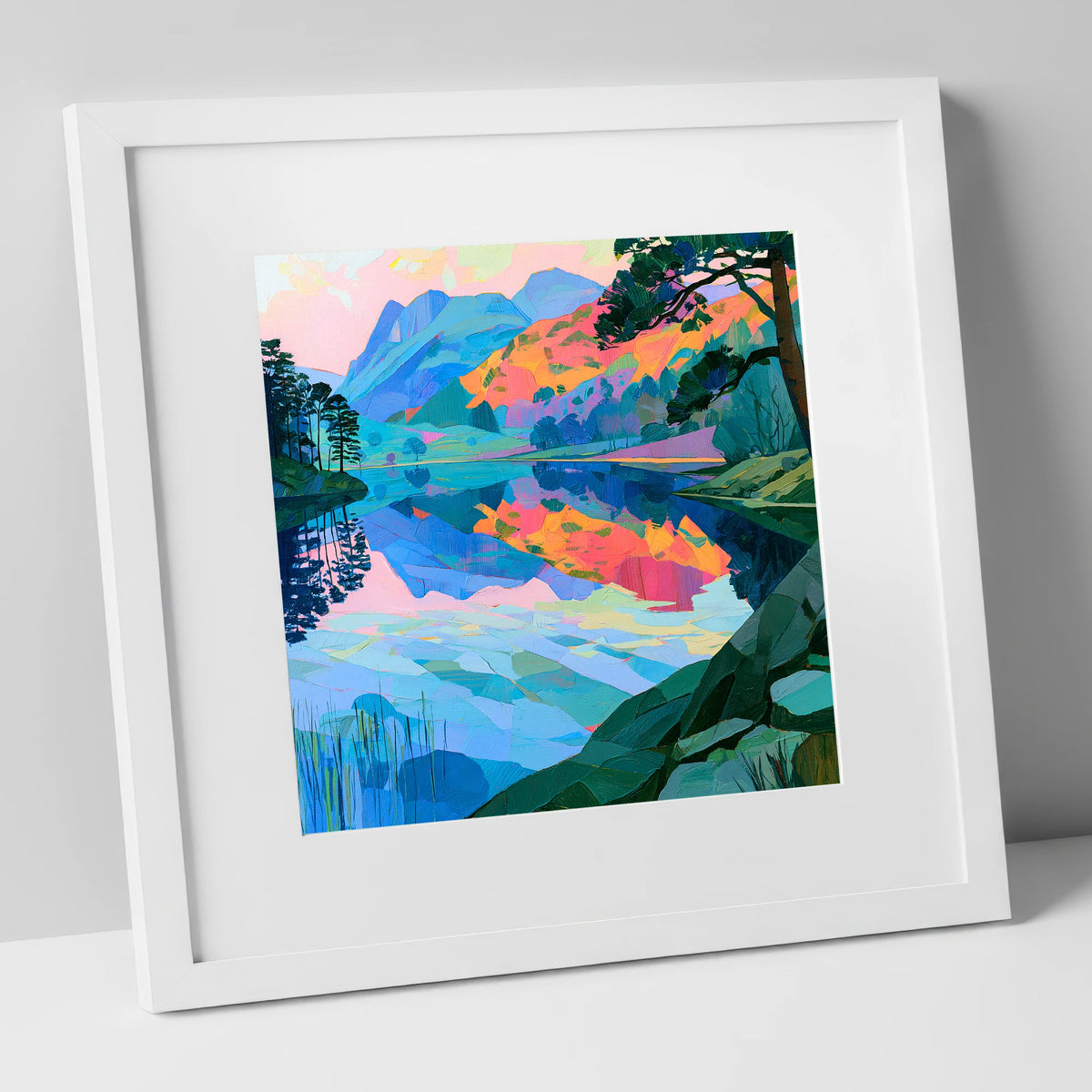Vibrant Dawn Over Still Lake lake district lake art print in white frame