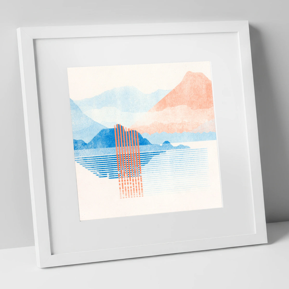 Geometric Derwentwater in Coral and Blue lake district lake art print in white frame