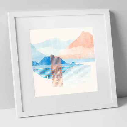 Geometric Derwentwater in Coral and Blue lake district lake art print in white frame