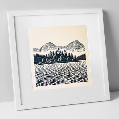 Graphic Derwentwater Island Landscape lake district lake art print in white frame