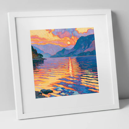 Golden Sunset Reflected on the Lake lake district lake art print in white frame