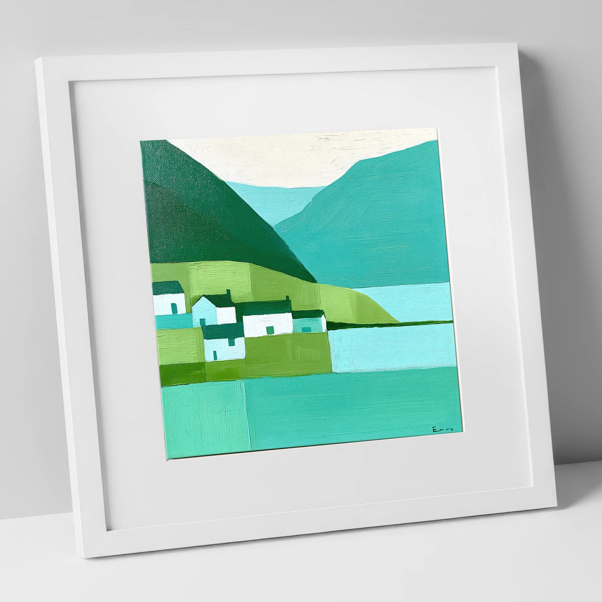 Modern Teal Lakeside Village lake district village art print in white frame