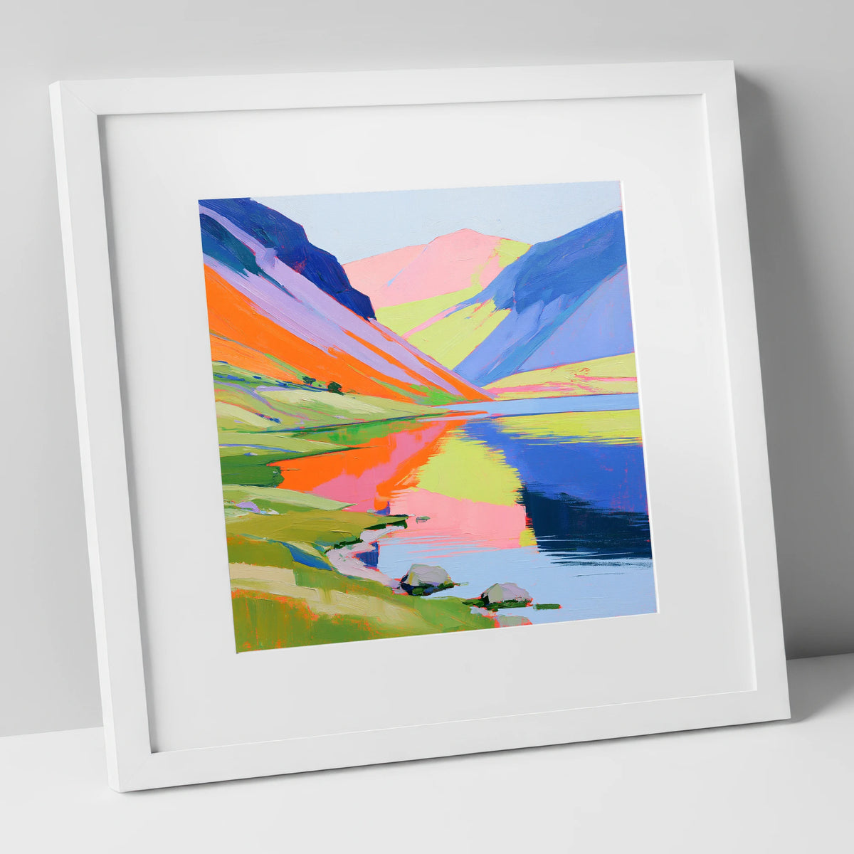 Lake Reflections in Bold Colour lake district lake art print in white frame