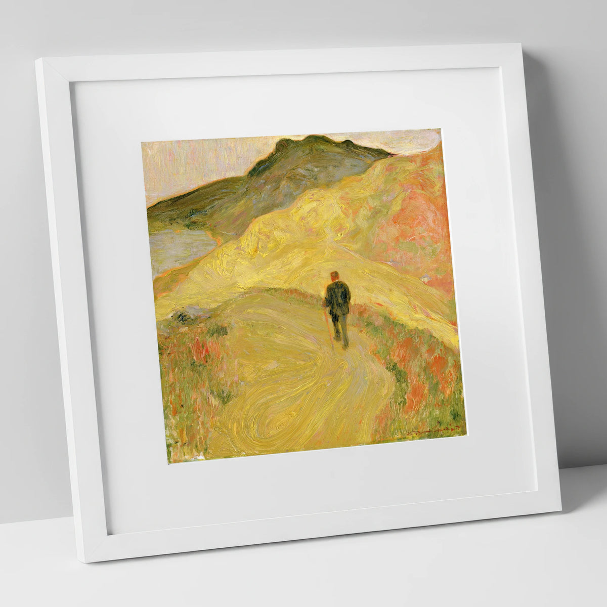 Lone Hiker on Golden Fells lake district walking art print in white frame