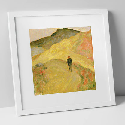 Lone Hiker on Golden Fells lake district walking art print in white frame