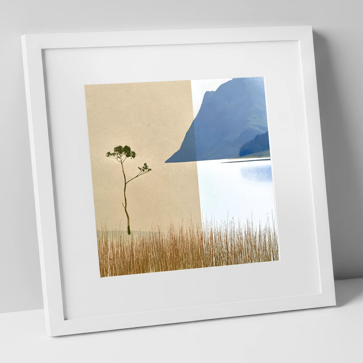 Minimalist Lone Tree at Buttermere lake district lake art print in white frame