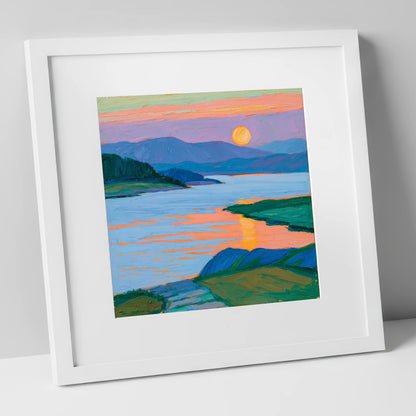 Vibrant Sunset Over The Lake lake district lake art print in white frame