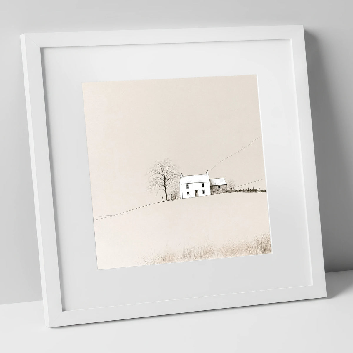 Minimalist White Fellside Cottage lake district village art print in white frame