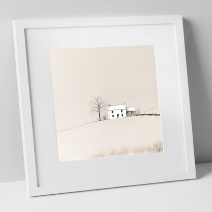 Minimalist White Fellside Cottage lake district village art print in white frame