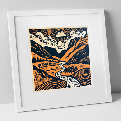 Graphic Great Langdale Valley lake district valley art print in white frame