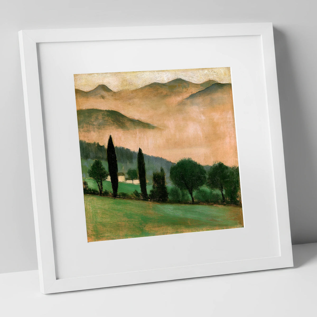 Terracotta Dawn over Misty Valley lake district sky art print in white frame