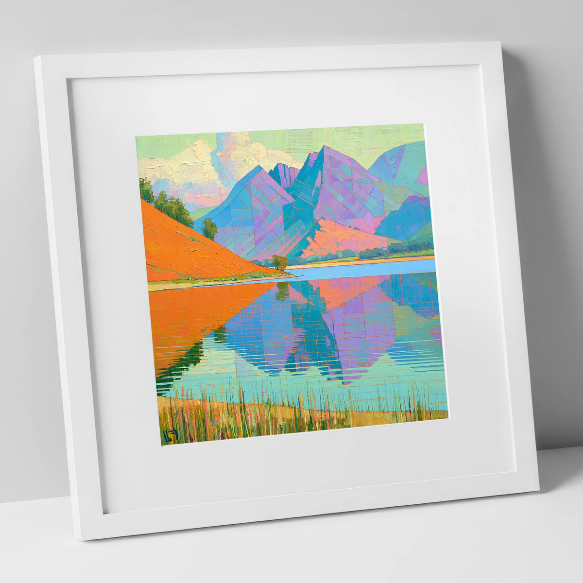 Vivid Loweswater Lake Reflection lake district lake art print in white frame