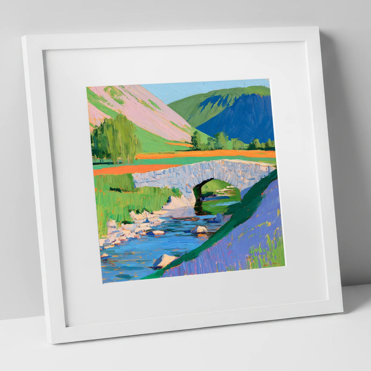 Vibrant Stone Bridge And Beck lake district waterfall art print in white frame