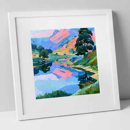 Pastel Fells and Calm Lake Reflections lake district lake art print in white frame