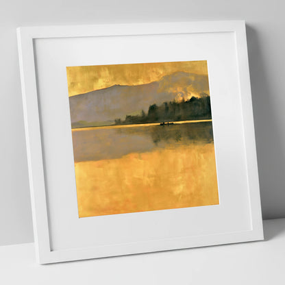 Still Lake in Golden Dawn lake district lake art print in white frame