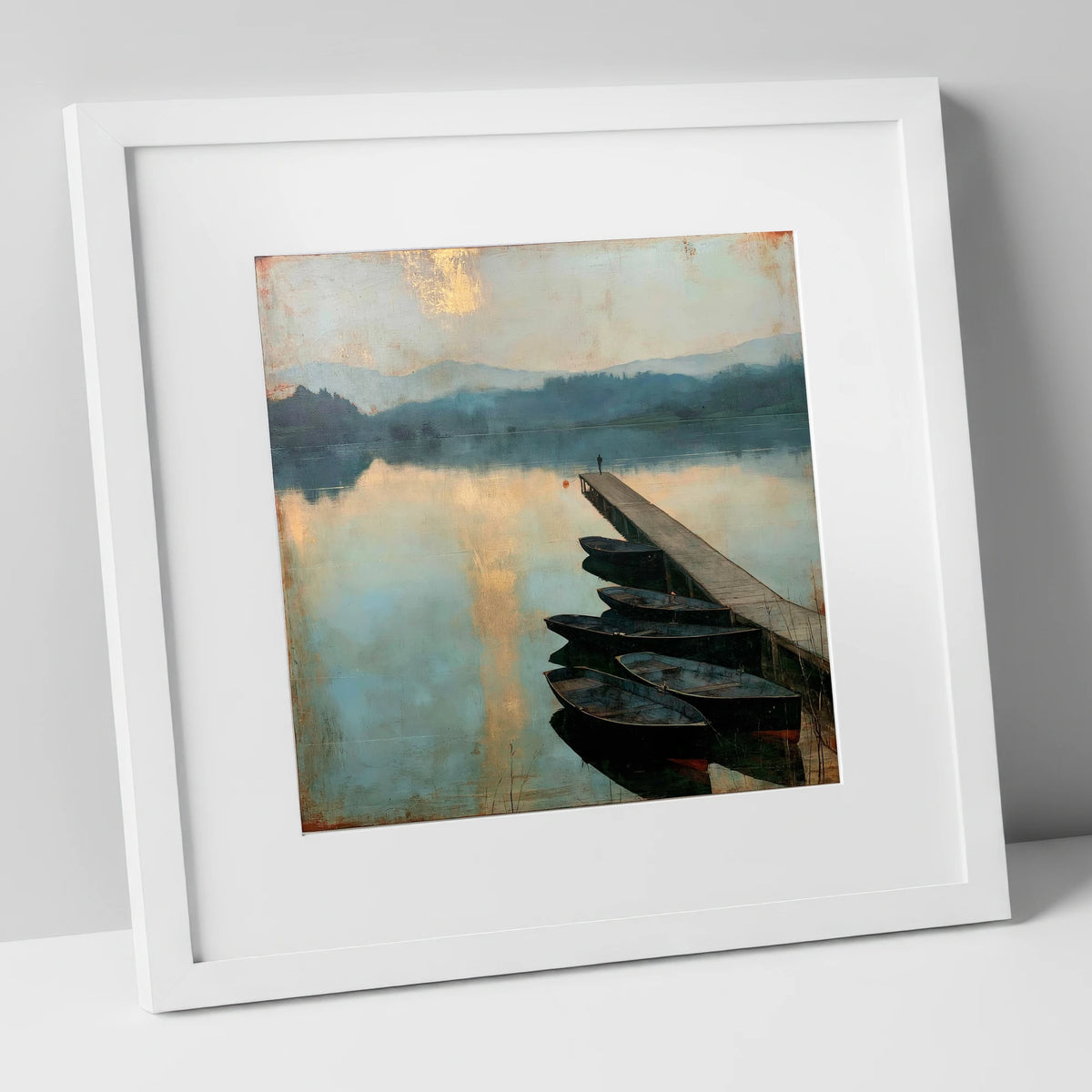 Windermere Jetty in Golden Light lake district lake art print in white frame